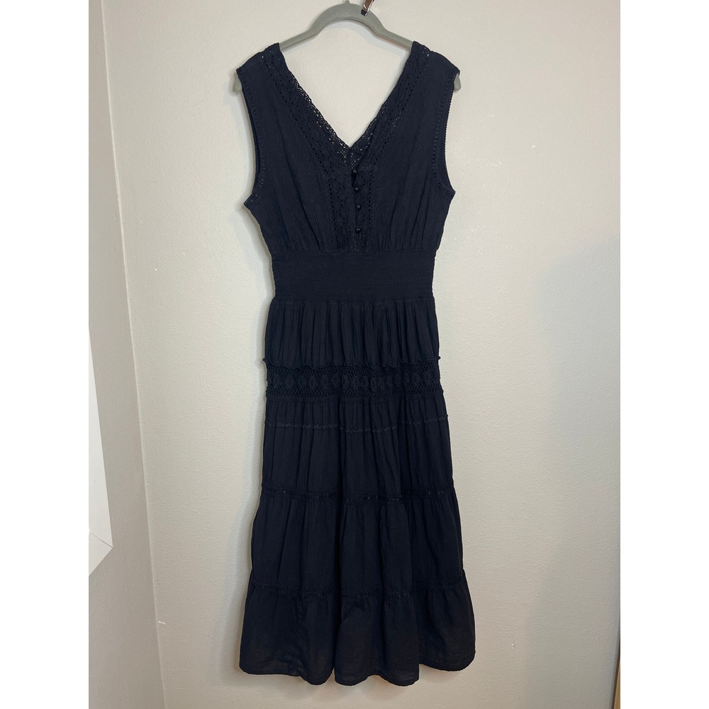 100% Cotton Midi Dress Black Cotton Crochet Lace Eyelet Tiered Smocked Small